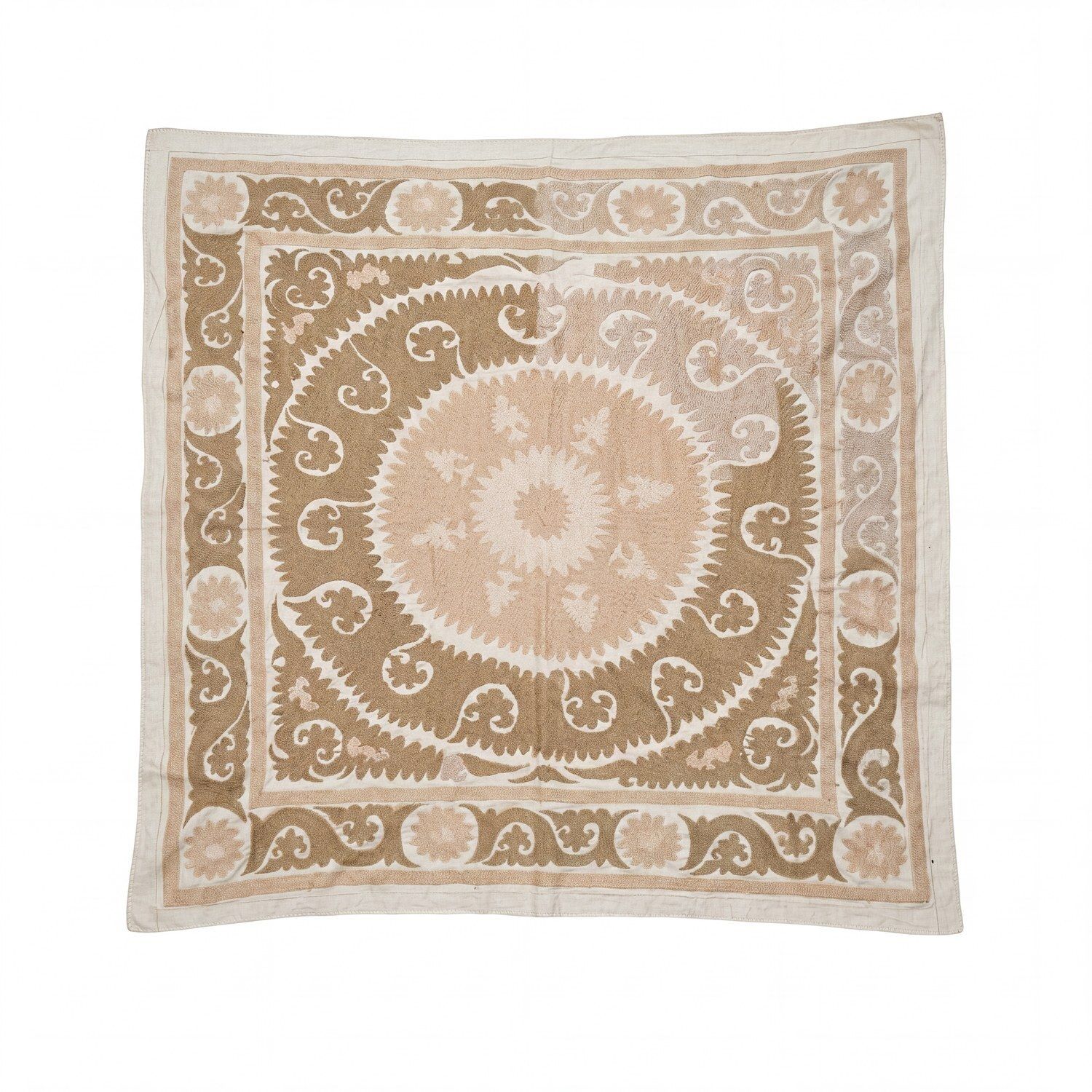 Suzani wanddecoratie, neutraal beige Oezbeeks tafelkleed 152 x 152 cm