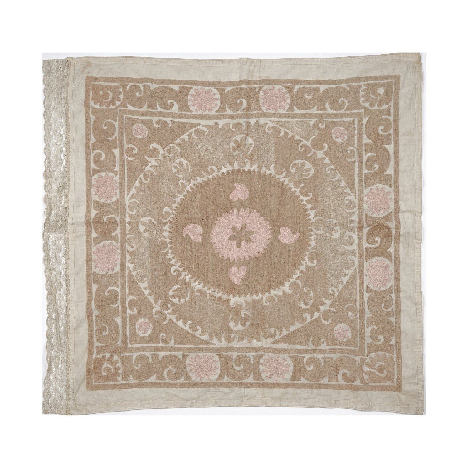 Handcrafted Bukhara Suzani Wall Hanging   Beige Tan Pink Ethnic Embroidered Cotton Tapestry 130 X 153 Cm