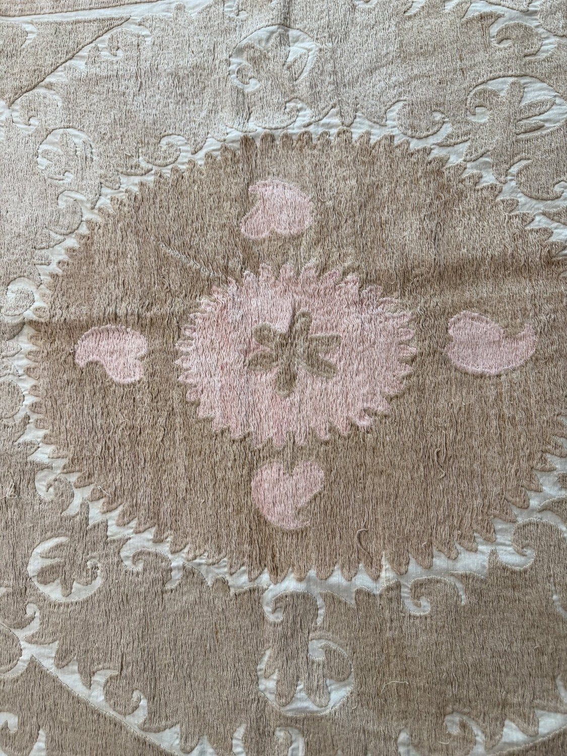 photo for sale Handcrafted Bukhara Suzani Wall Hanging   Beige Tan Pink Ethnic Embroidered Cotton Tapestry 130 X 153 Cm