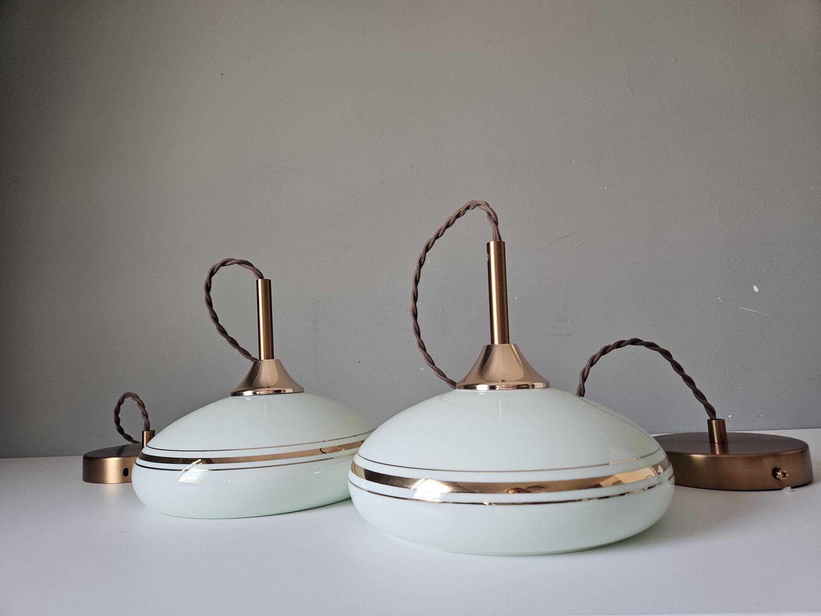 Set Of 2 Vintage Mint Green Glass Pendant Light, Mid Century Brass Accents