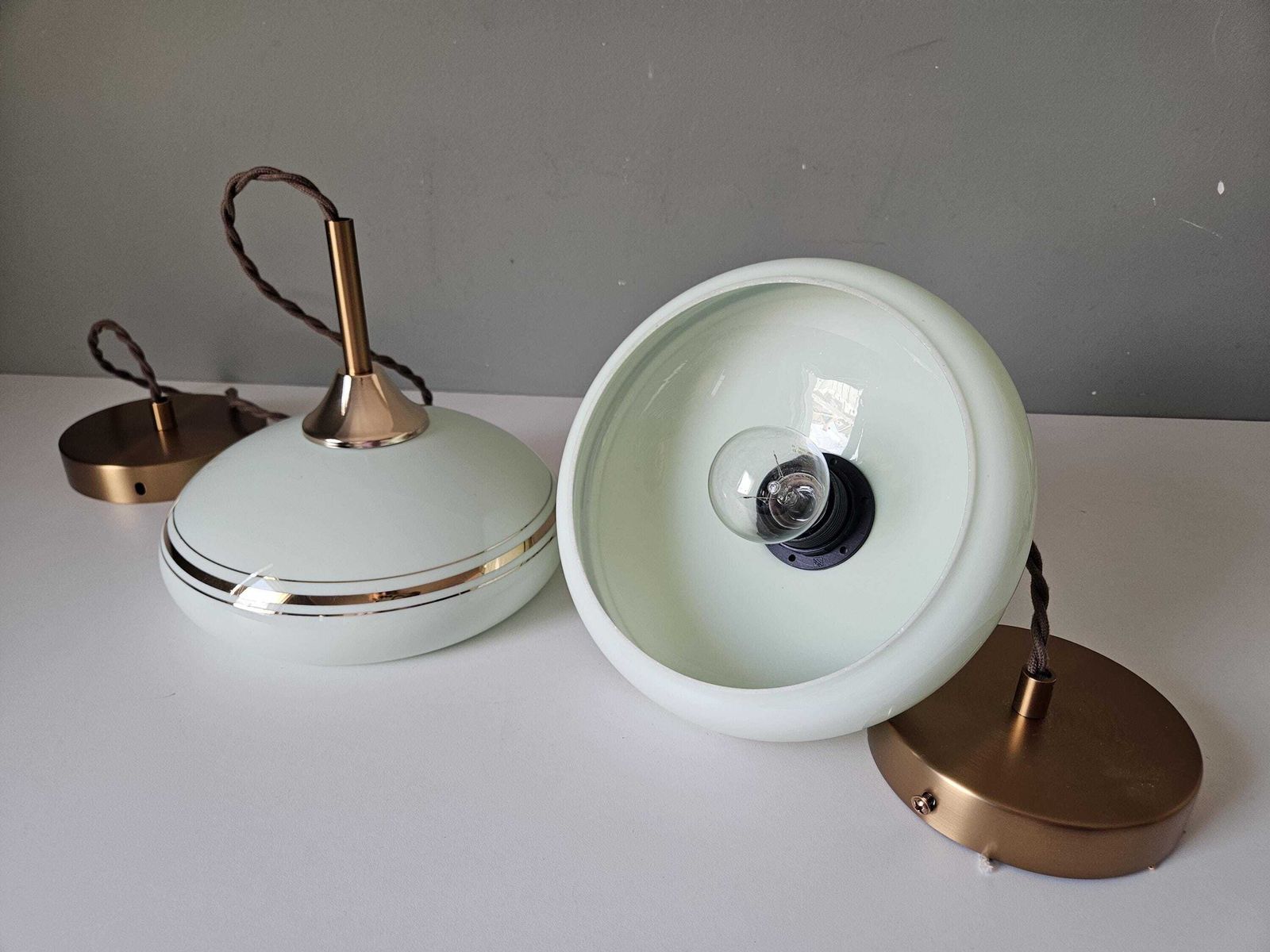 Lighting Set Of 2 Vintage Mint Green Glass Pendant Light, Mid Century Brass Accents photo