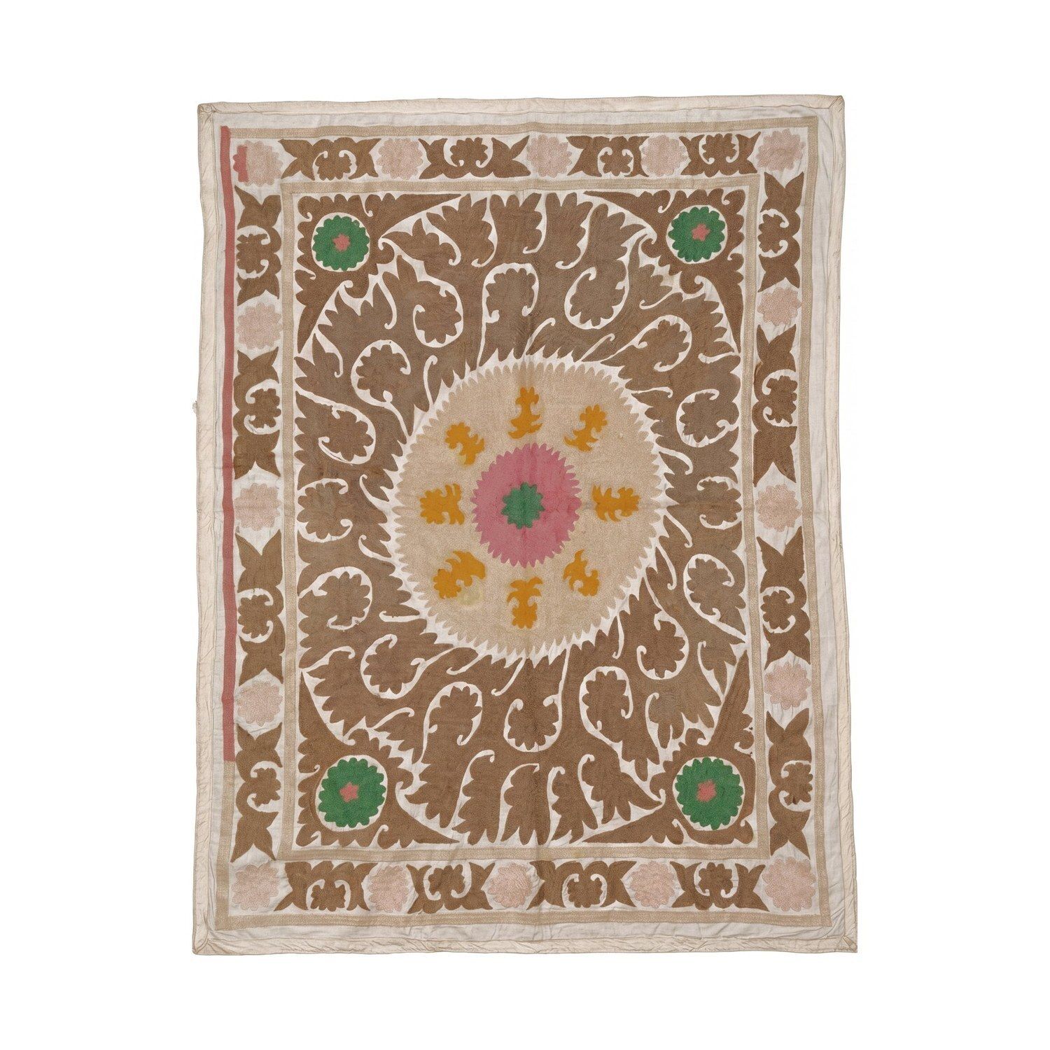 Handcrafted Bukhara Suzani Wall Hanging   Ivory Green Yellow Ethnic Embroidered Cotton Tapestry 116 X 160 Cm