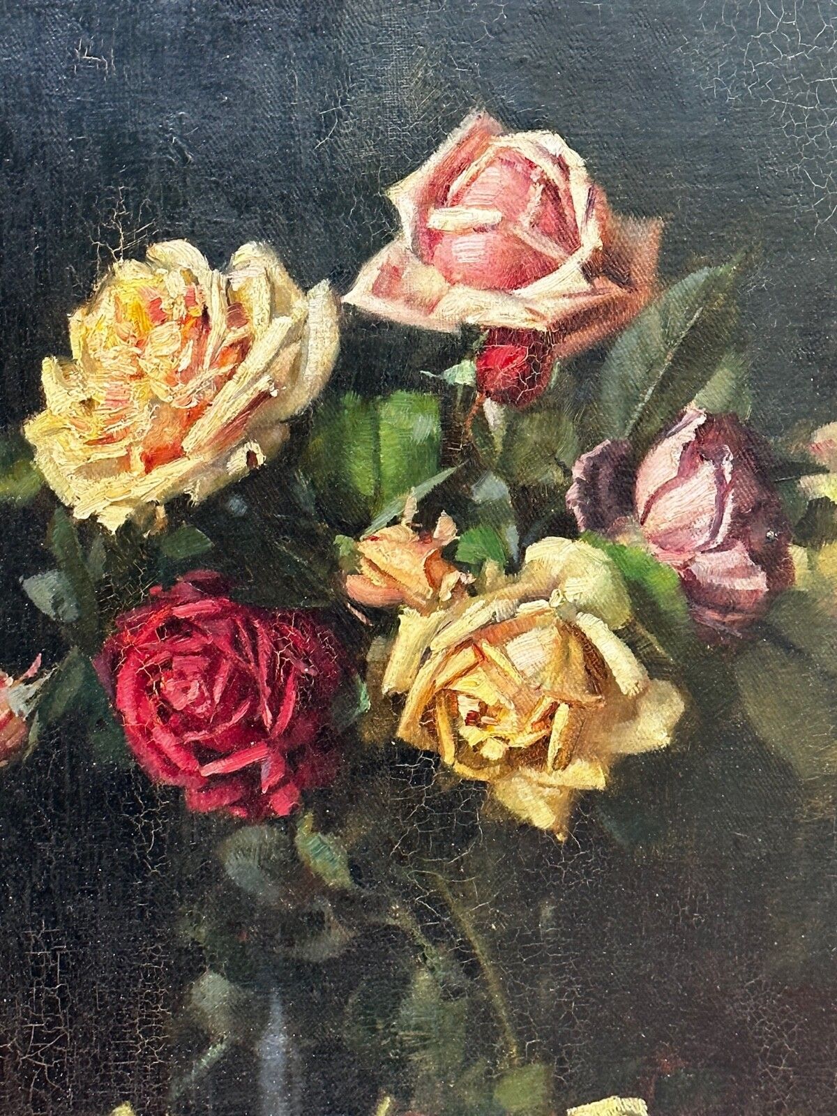 photo for sale Brits schilderij begin 20e eeuw, olieverf, stilleven met bloemen, tuinrozen, gesigneerd Ernest Higgins Rigg