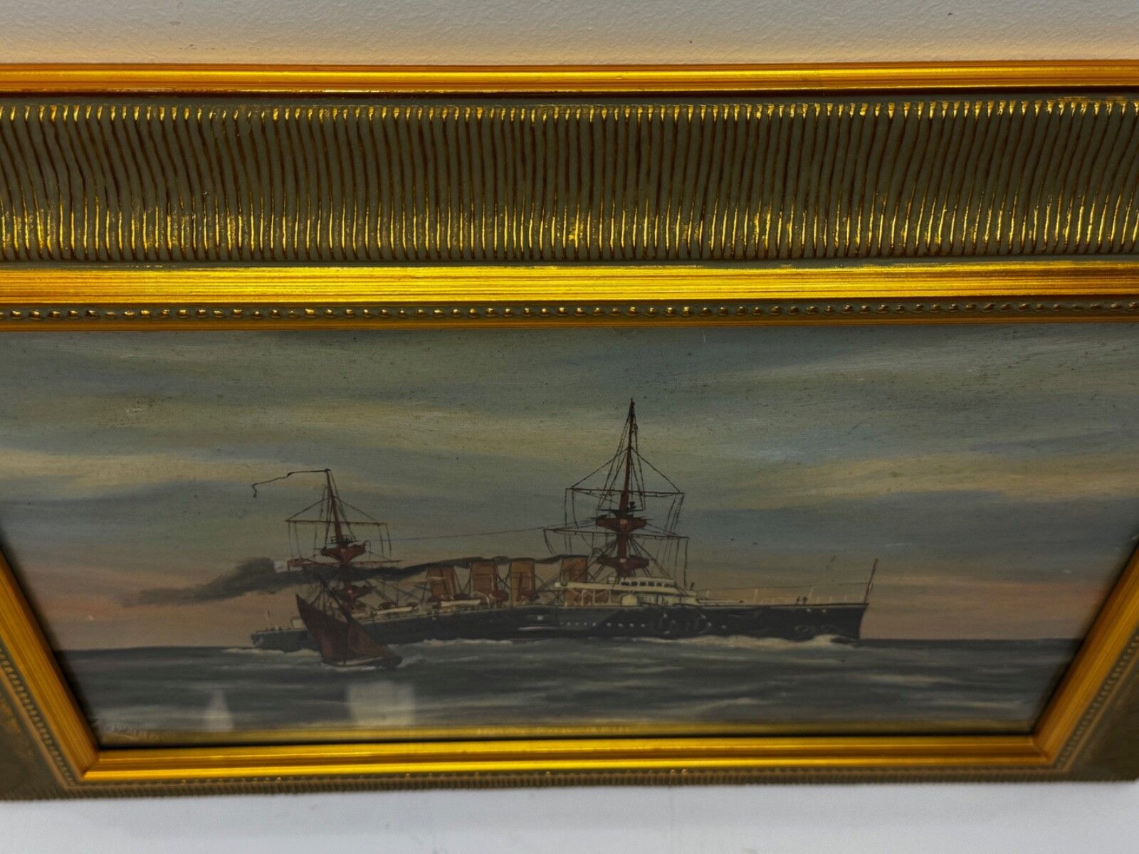 Marine Oil Painting Hms Powerful Royal Navy Cruiser Ship Follower Charles Dixon photo vintage