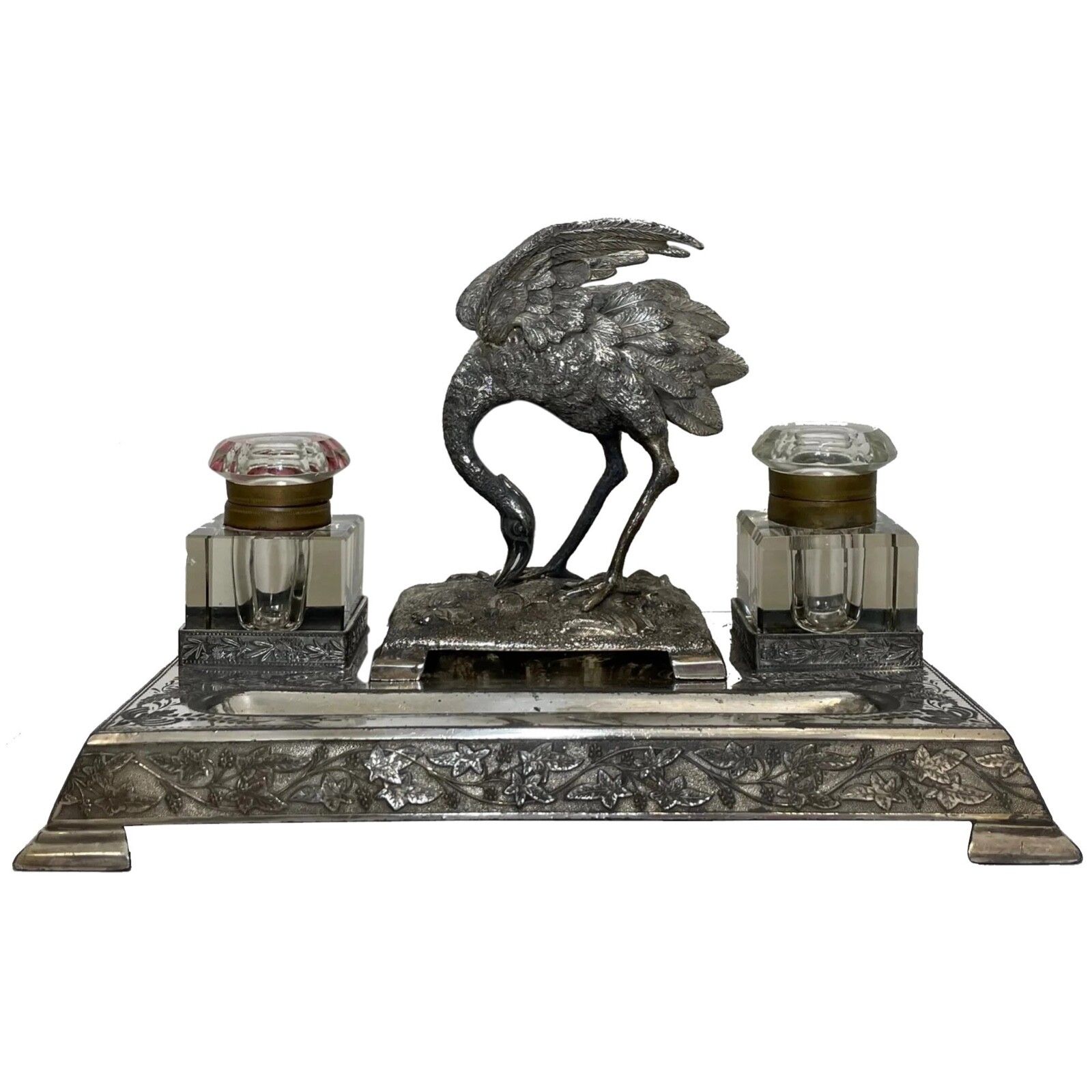 Antiek Verzilverd Reiger Inktpotstandaard C.1880 Gemaakt voor H Spiller London