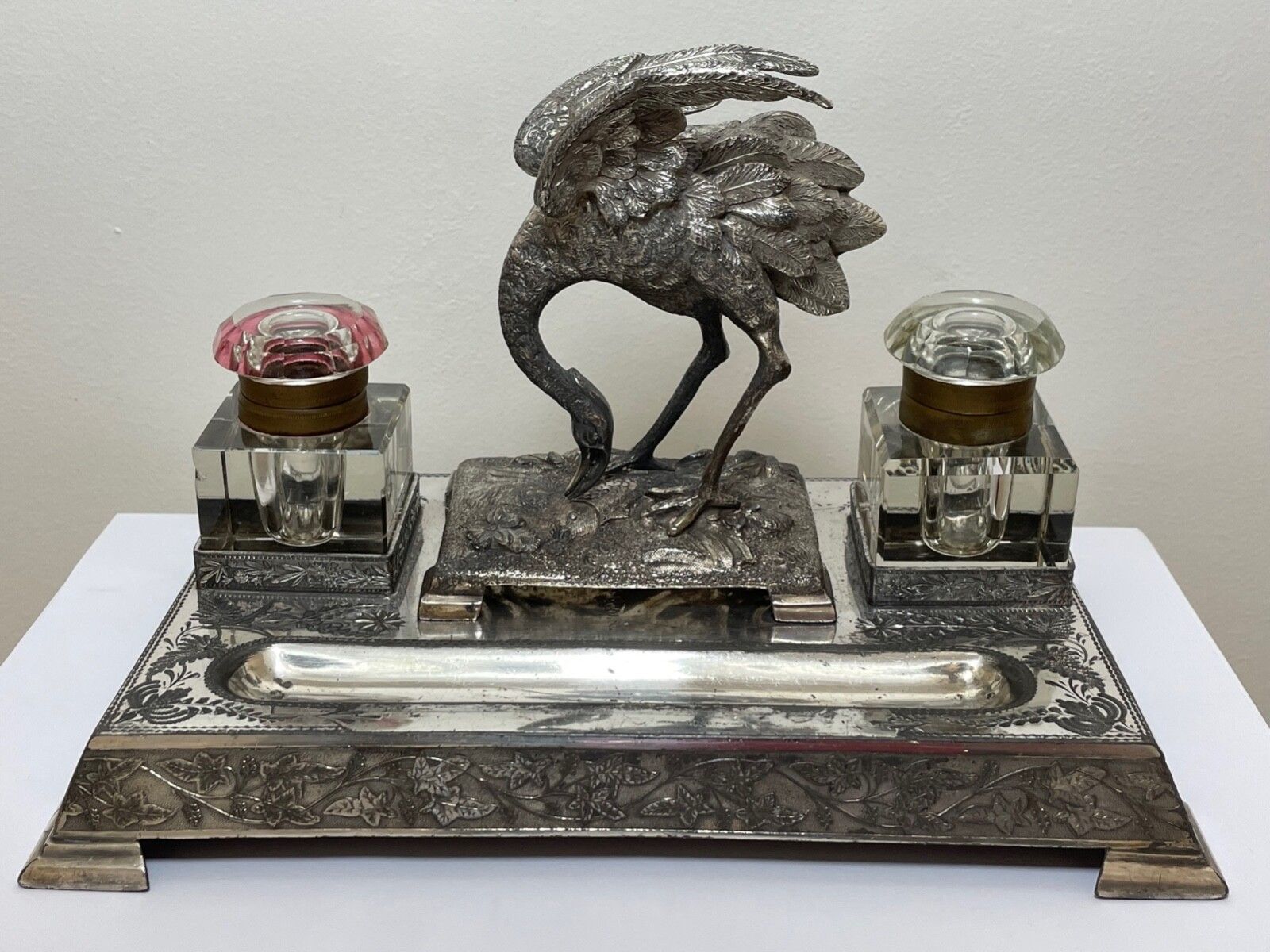 Antiek Verzilverd Reiger Inktpotstandaard C.1880 Gemaakt voor H Spiller London photo furniture
