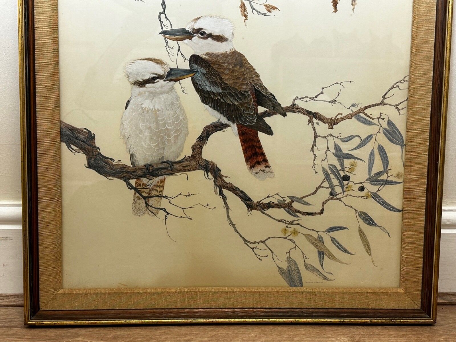 Large Mid Century Australian Painting Group Of Birds 3 Kookaburras In Bush Signed Robin Hill photo vinterior