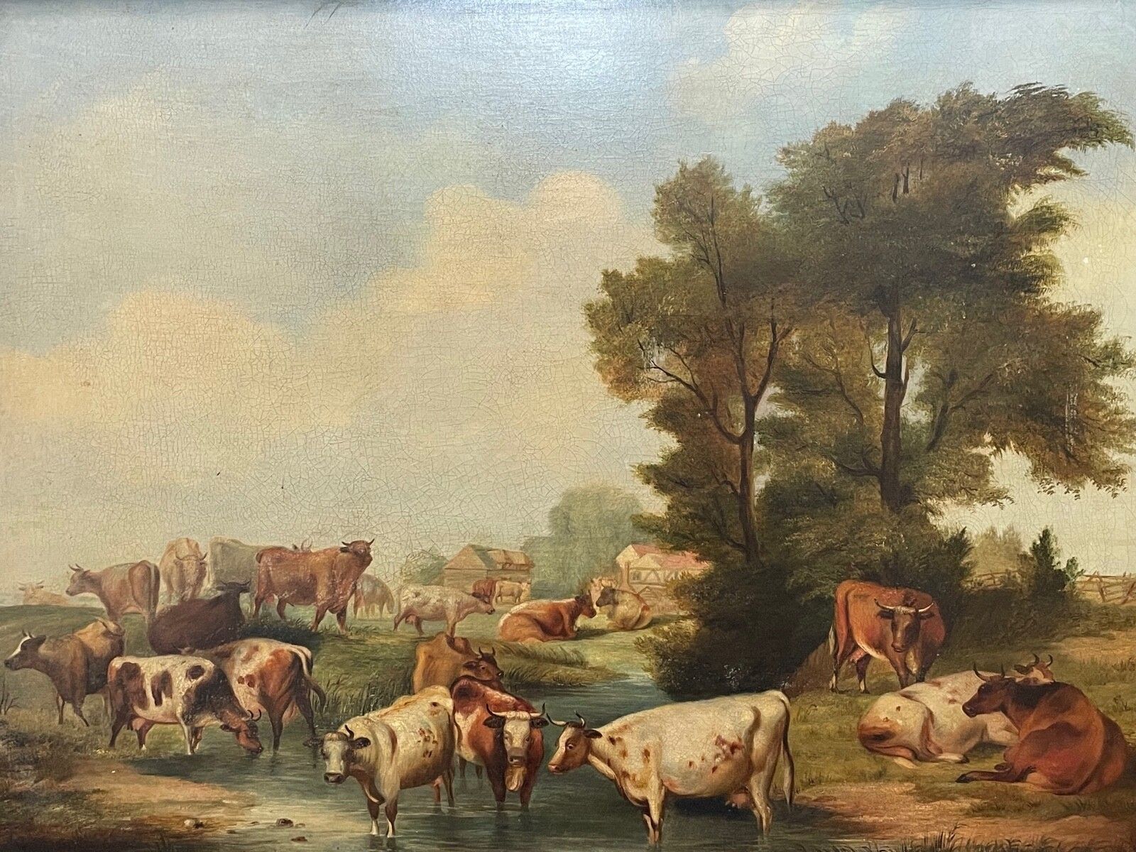 Groot antiek pastoraal olieschilderij, vee bij een drinkplaats, naar Paulus Potter photo furniture