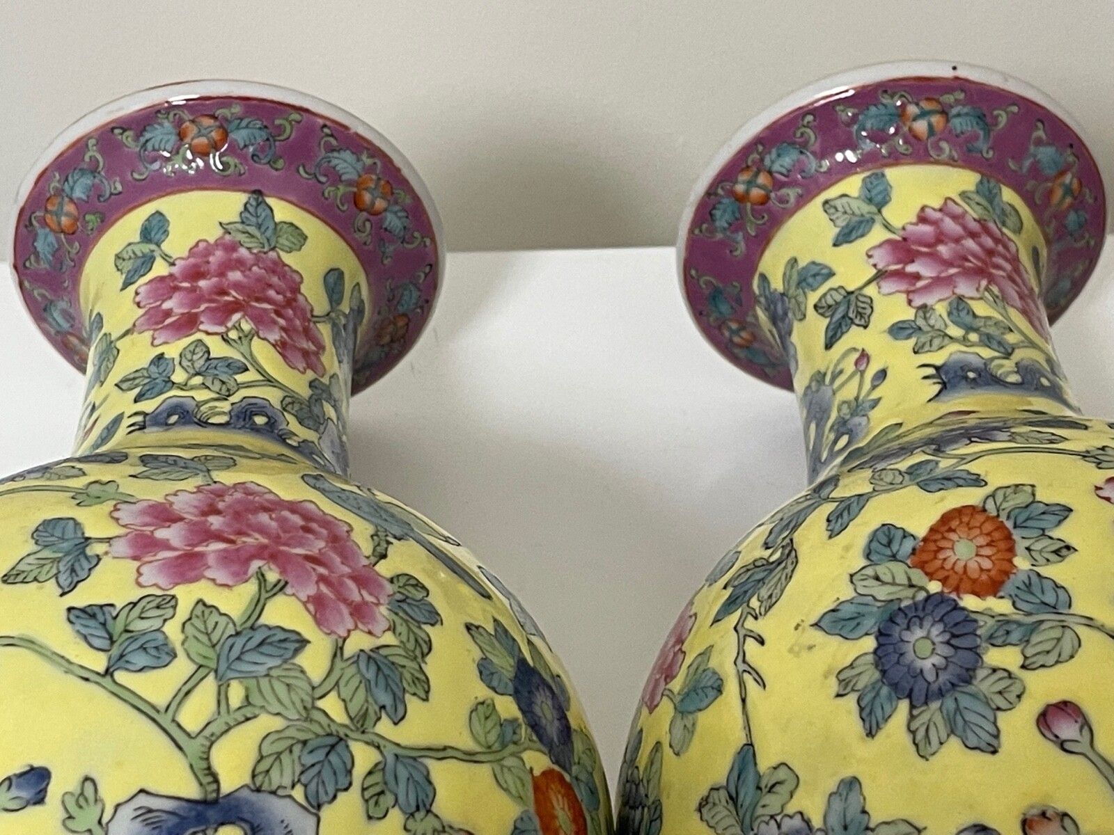Pair 20th Century Chinese Yellow Porcelain Vases Pink Chrysanthemum And Blue Lotus Flower photo 3000.0