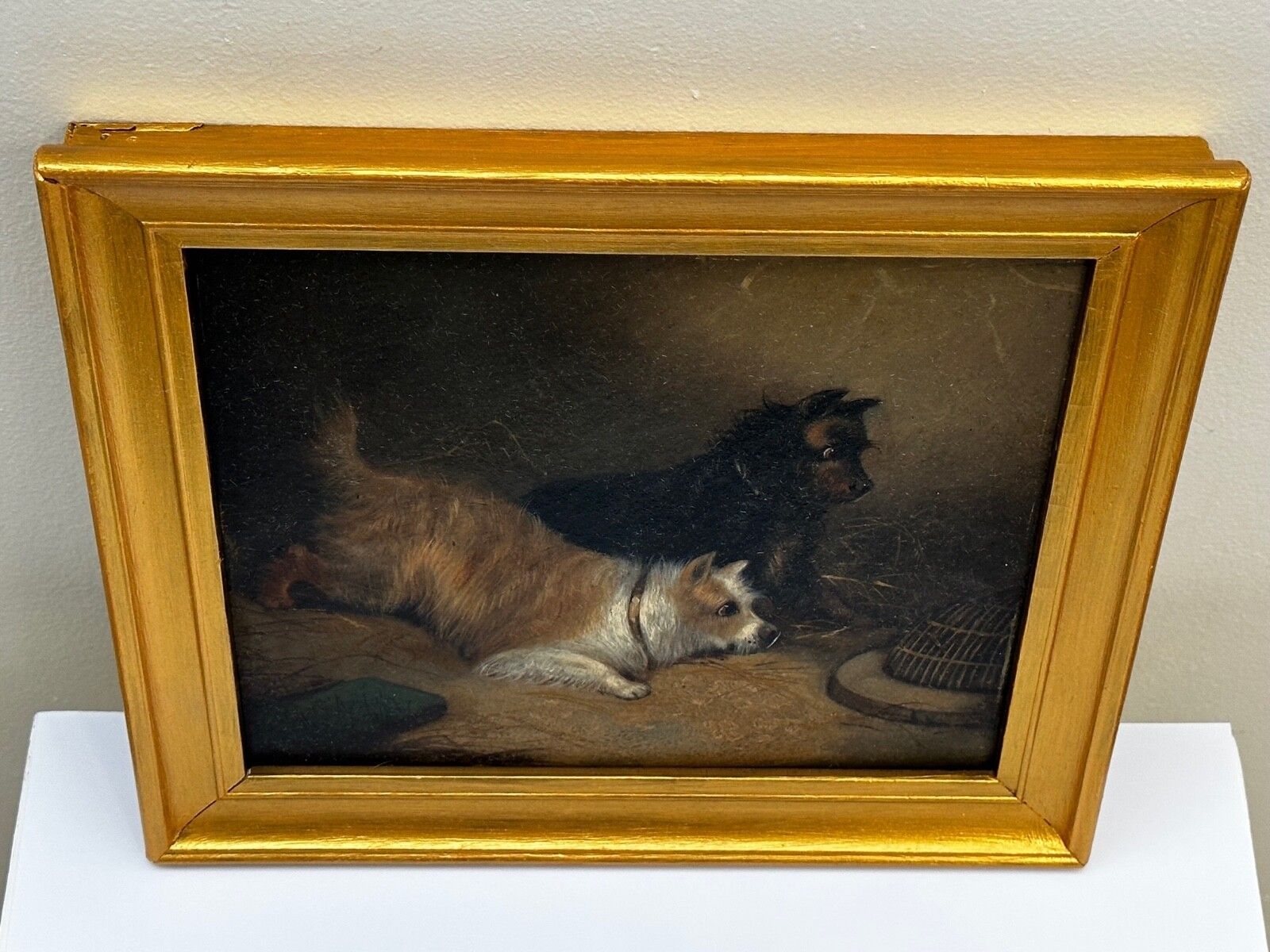 19th Century Oil Painting Hunting 2 Terrier Dogs On The Scent Ratting Signed George Armfield Dated 1867 photo vintage