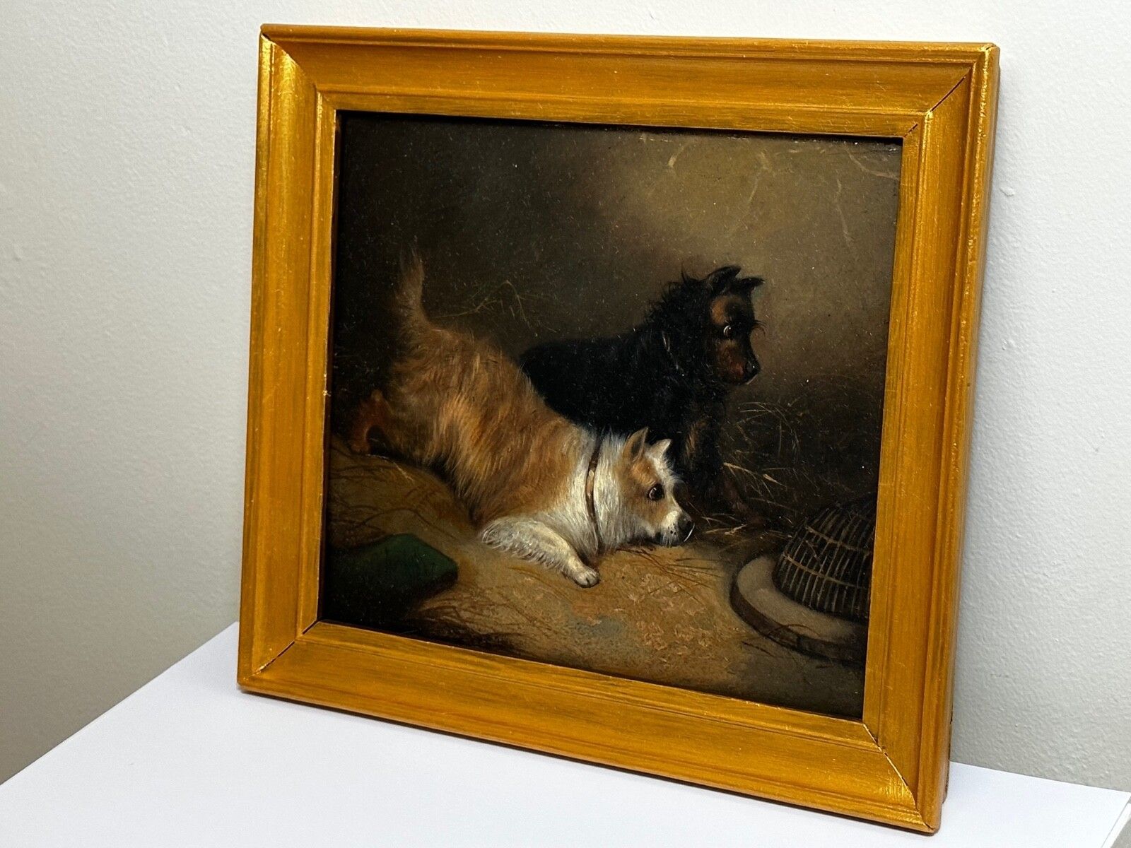 photo buy 19e-eeuws olieverfchilderij jacht 2 terrierHonden op het spoor rattenJacht gesigneerd George Armfield gedateerd 1867