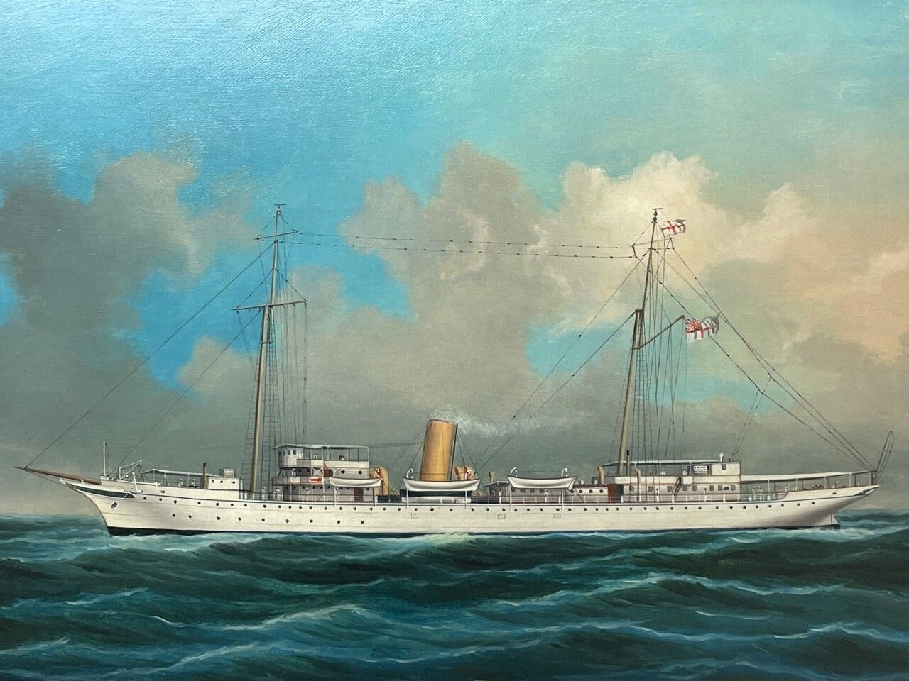 Midden 20e eeuw, Anglo Chinese School, maritiem olieverfchilderij, HMS Alacrity, schoener, stoomschip photo furniture