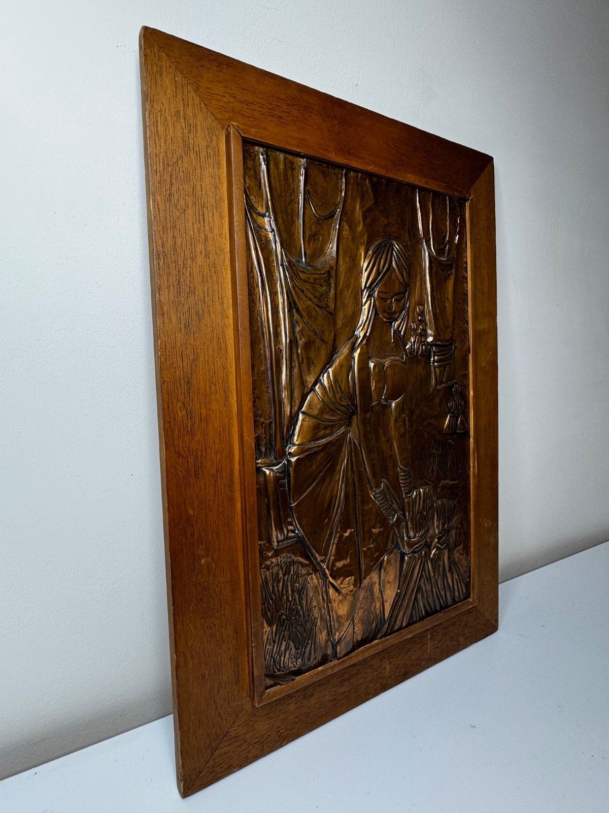 photo vintage Mid Century Eastern European Copper Harvest Maiden Hand Worked Modernist Relief