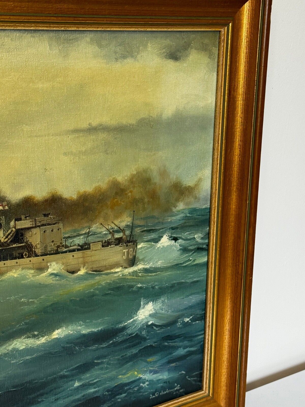 photo furniture Vintage olieverfschilderij HMS Franklin Ship The Pentlands 1944 WW2 Convoy Duty North Sea, gesigneerd David Charlesworth
