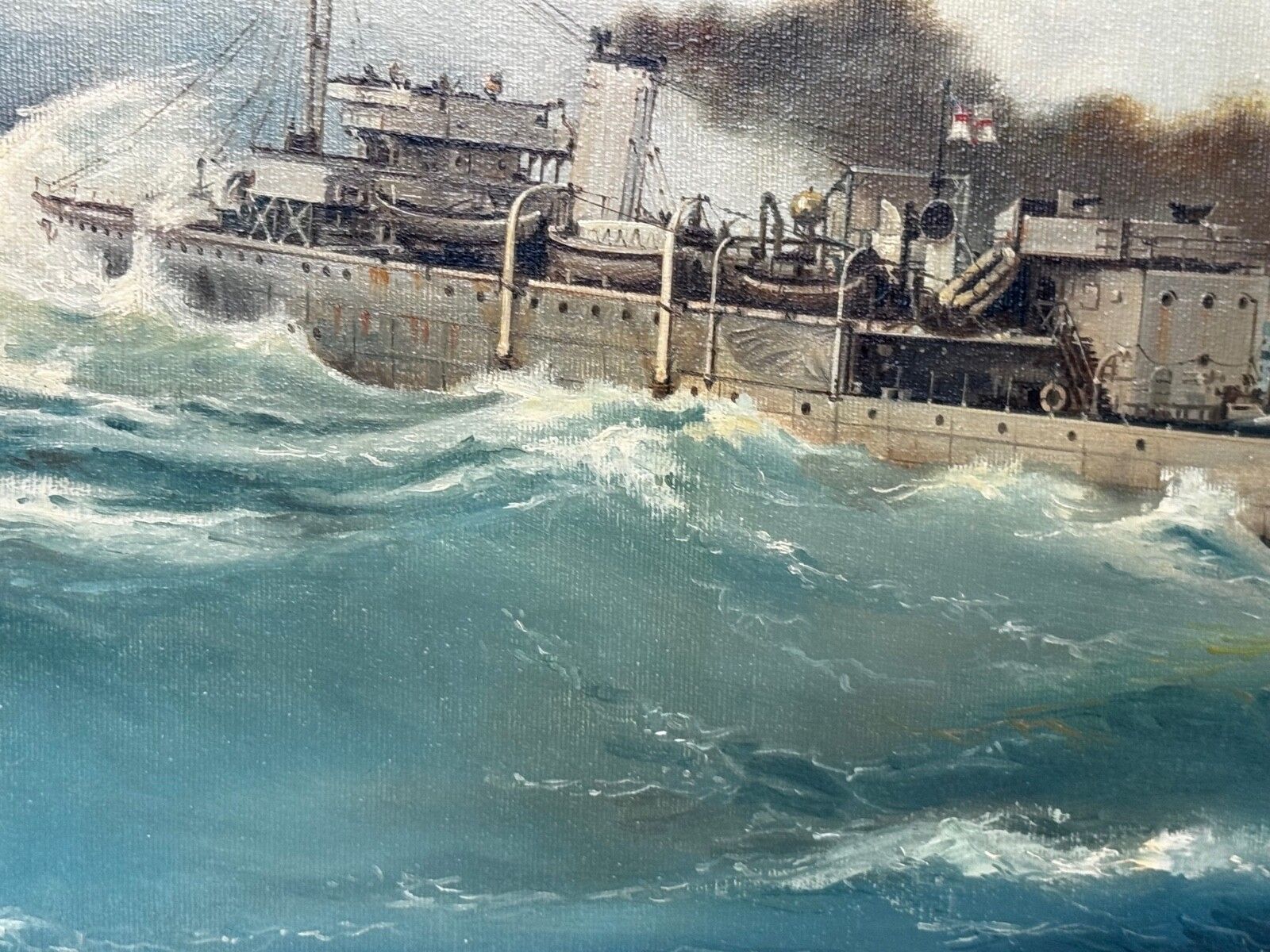 Kunst Vintage olieverfschilderij HMS Franklin Ship The Pentlands 1944 WW2 Convoy Duty North Sea, gesigneerd David Charlesworth photo