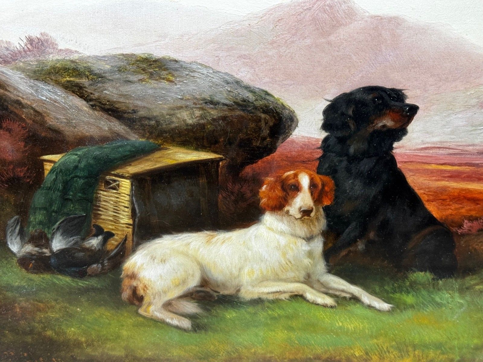 photo vinterior 19e-eeuws olieverfchilderij "Game Dogs" gesigneerd Robert Cleminson