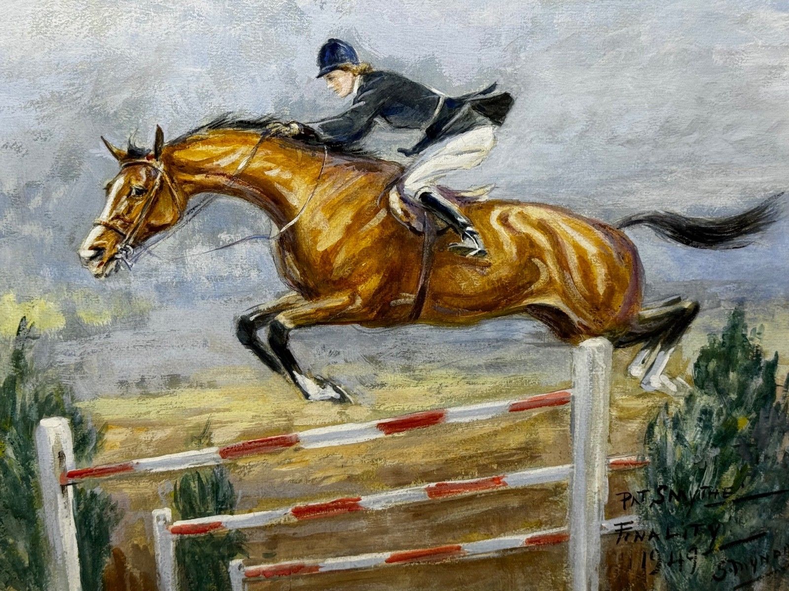 Mid-Century schilderij van Pat Smythe en Finality, winnaar van de Leading Showjumper of the Year Show, gedateerd 1949 photo Kunst