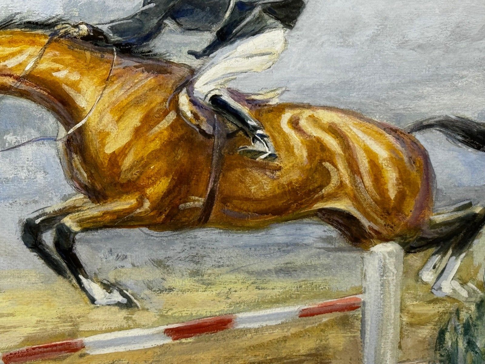 Mid-Century schilderij van Pat Smythe en Finality, winnaar van de Leading Showjumper of the Year Show, gedateerd 1949 photo vintage