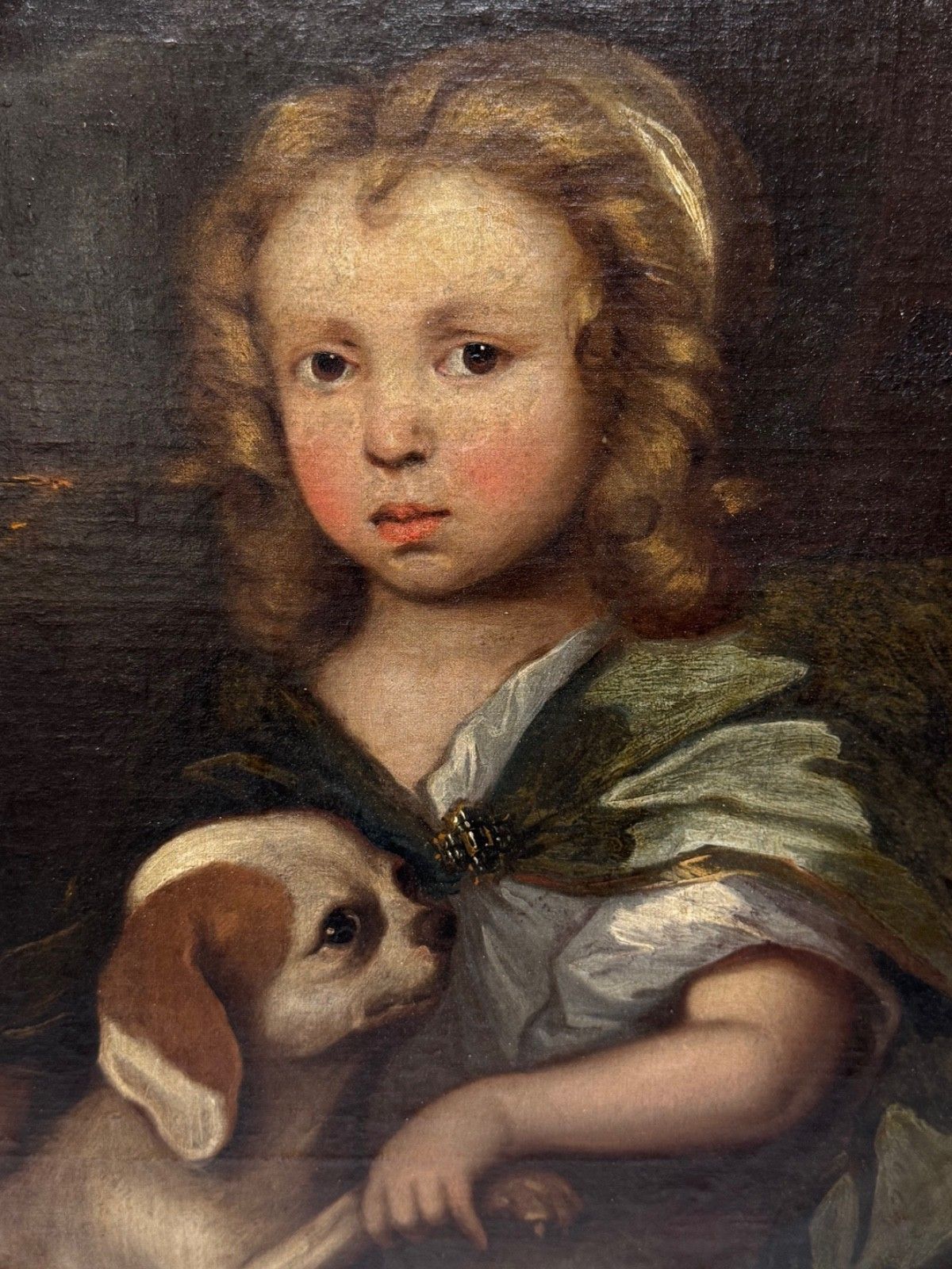 17e-eeuws olieverfchilderij, Een Ontroerende Band, Jongen met King Charles Spaniel-pup, Cirkel van Mary Beale, ca. 1680 photo furniture