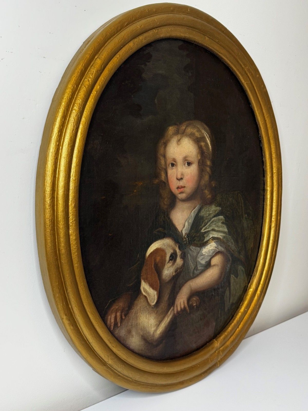 17th Century Oil Painting An Endearing Bond Boy With King Charles Spaniel Puppy Circle Of Mary Beale Circa 1680 photo buy