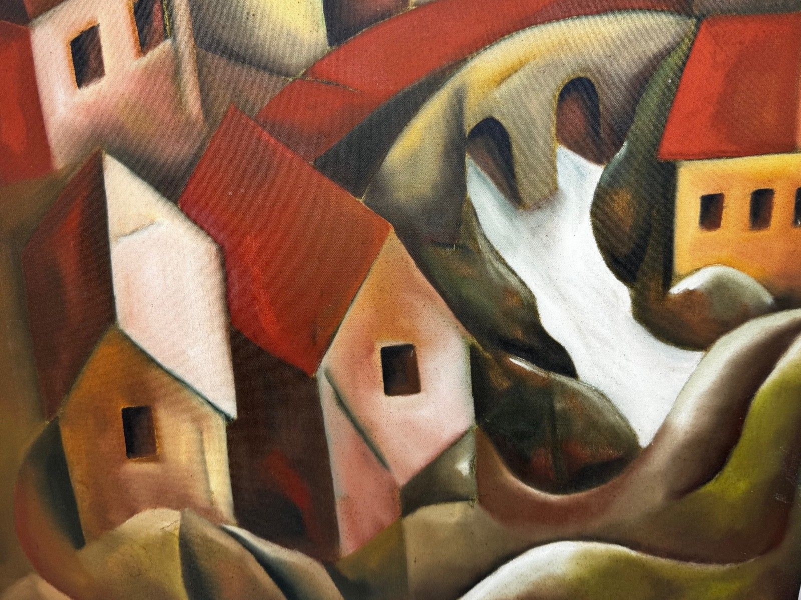 Groot vintage olieschilderij naar voorbeeld van Picasso, cubistisch beïnvloed, cascaderend heuvelstadsdorp photo vintage