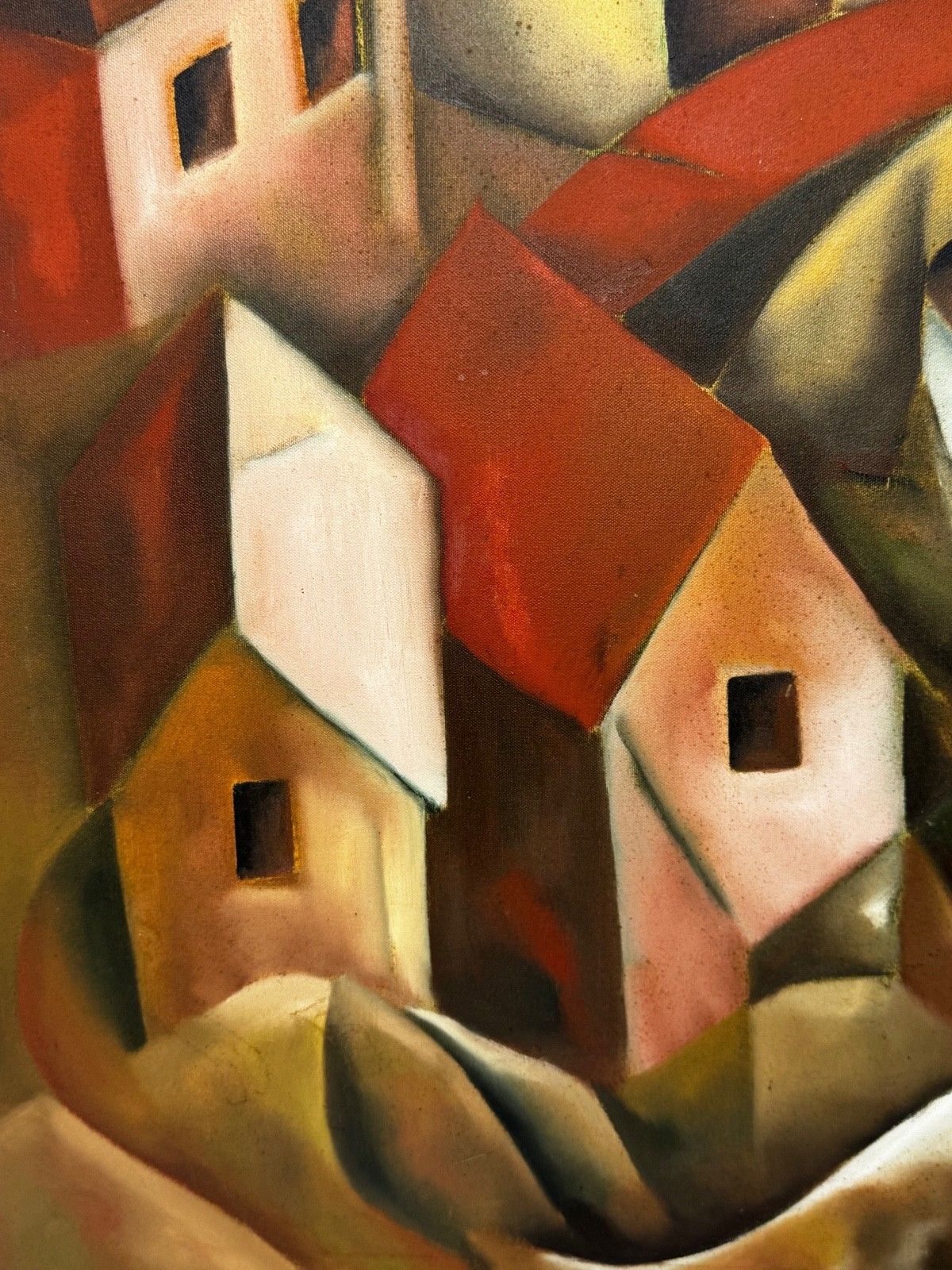 photo furniture Groot vintage olieschilderij naar voorbeeld van Picasso, cubistisch beïnvloed, cascaderend heuvelstadsdorp