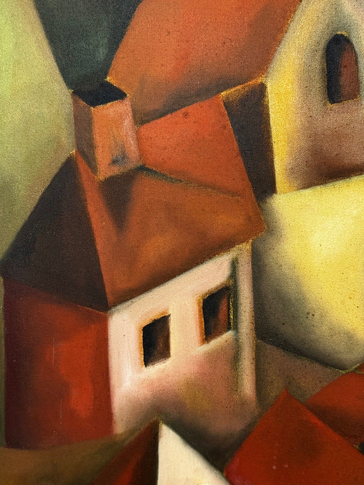 photo vintage Groot vintage olieschilderij naar voorbeeld van Picasso, cubistisch beïnvloed, cascaderend heuvelstadsdorp
