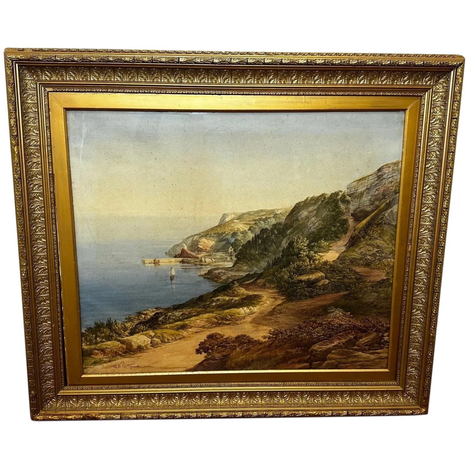 Groot aquarel kustlandschap Babbacombe Beach Devon, begin 20e eeuw, door Samuel Edward Kelly