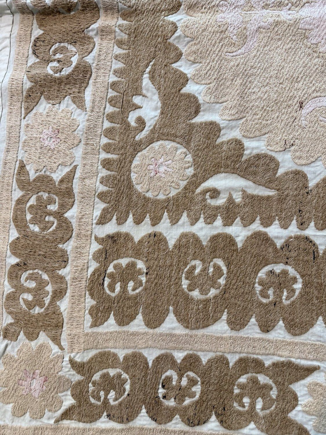 photo furniture Handcrafted Bukhara Suzani Wall Hanging   Camel Tan Ivory Ethnic Embroidered Cotton Tapestry 127 X 158 Cm