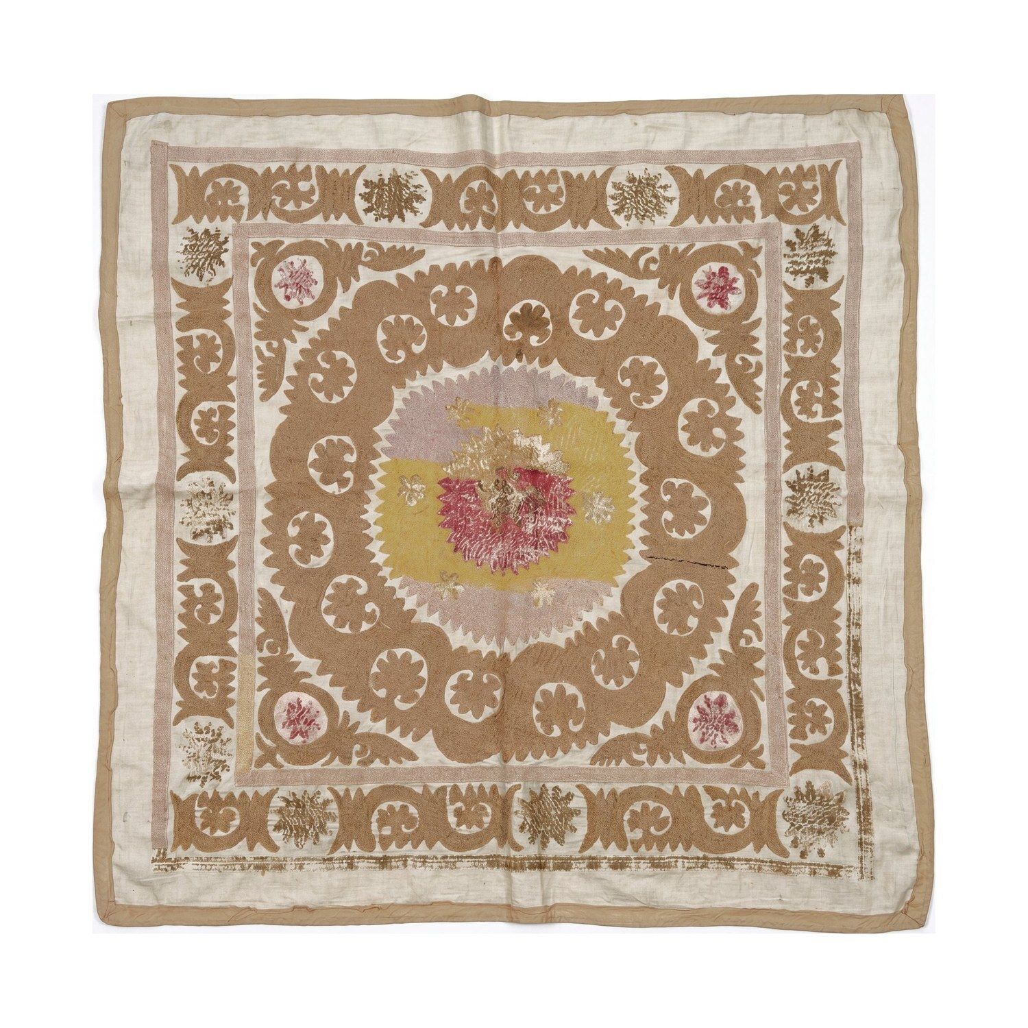 Boho bruinroze Centraal-Aziatische suzani wandkleed 123 x 125 cm