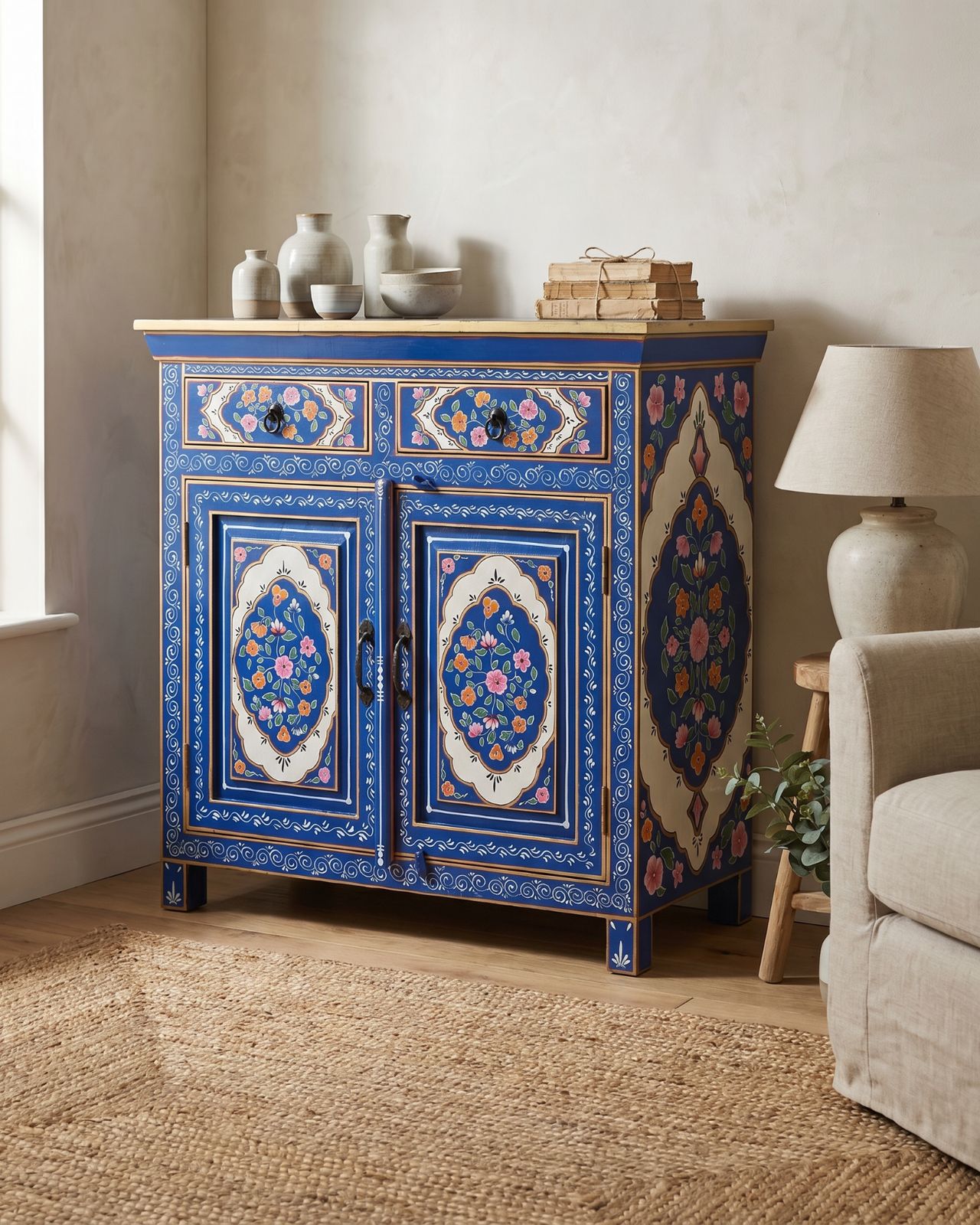 Met de hand geschilderd blauw bloemen mangohout dressoir, twee deuren twee lades kast photo furniture