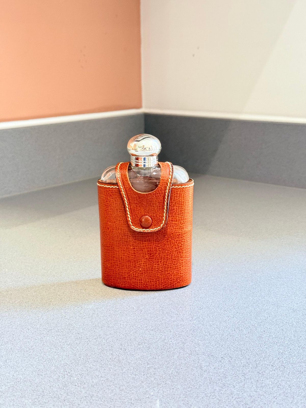 Vintage Hip Flask Leather Cased Glass With Silver Tone Mounts, Gentleman’s Trave photo furniture