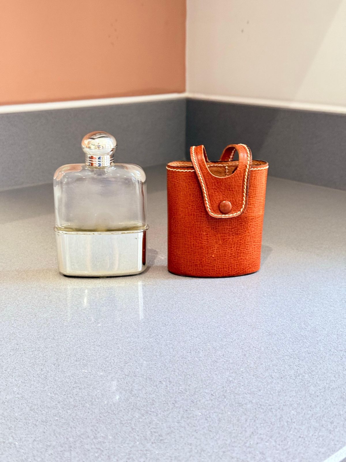 photo for sale Vintage Hip Flask Leather Cased Glass With Silver Tone Mounts, Gentleman’s Trave