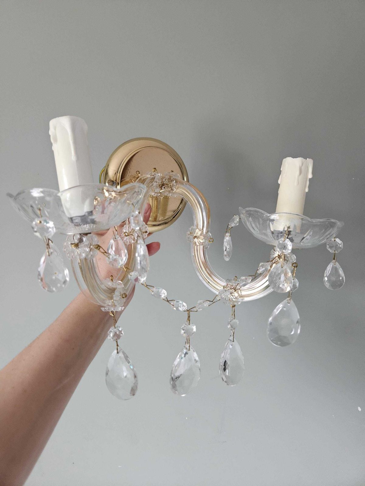 Vintage Crystal Wall Sconce, 2 Arm Brass & Glass Candle Light, Elegant Chandelier Wall Lamp photo for sale