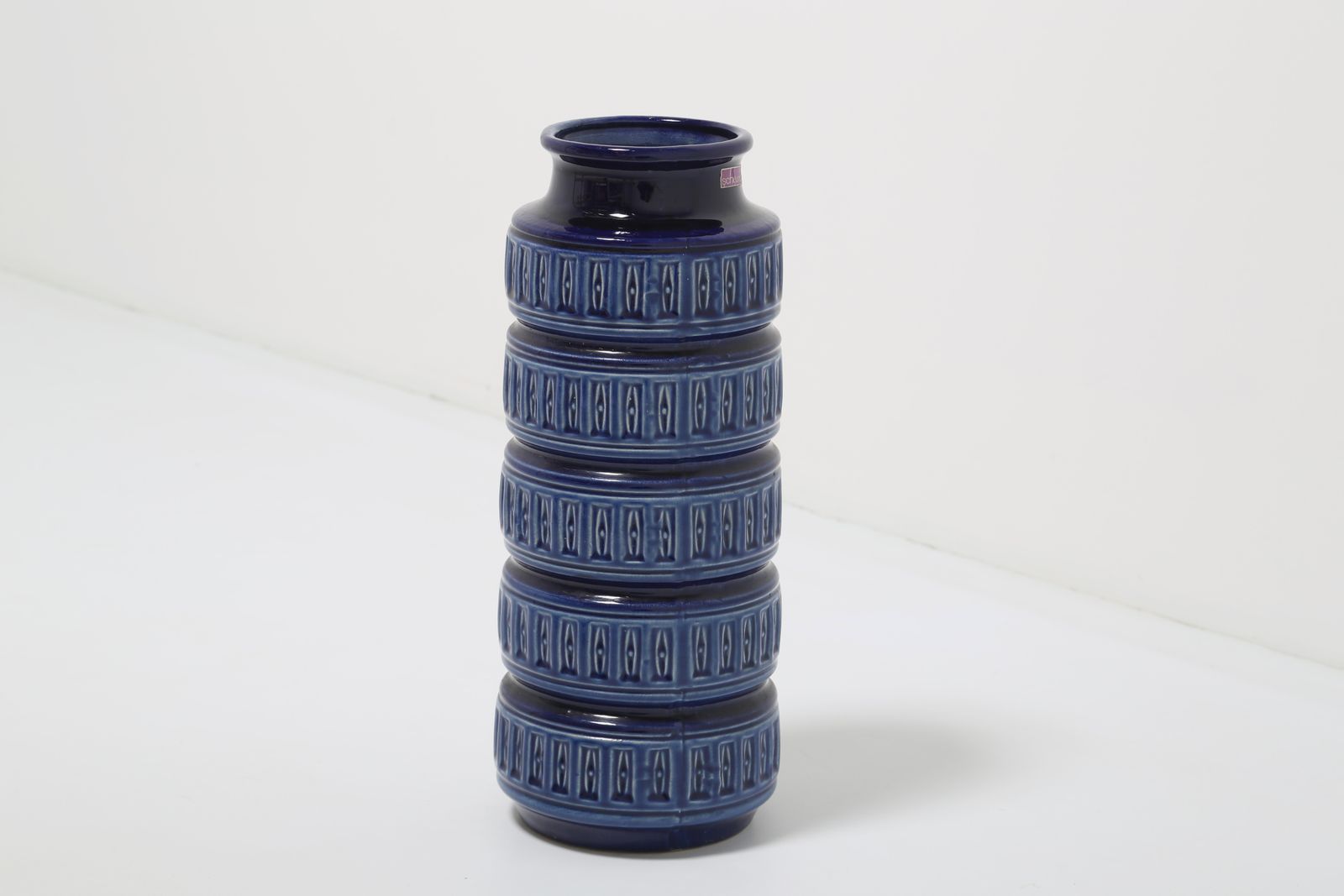 photo for sale Mid Century Modern Scheurich Cobalt Blue Geometric Relief Floor Vase, West Germany, 40cm