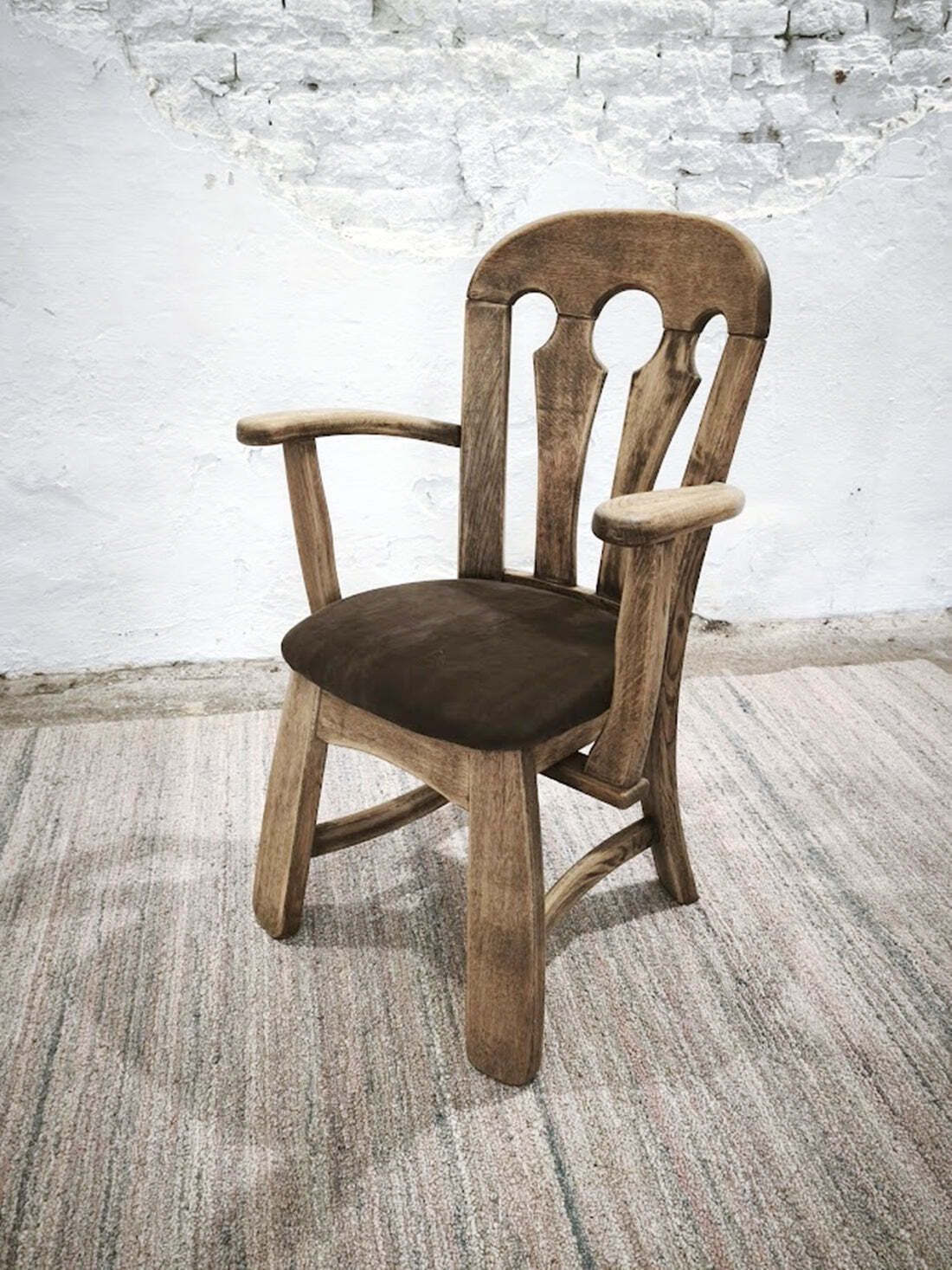 Meubels Nederlandse Brutalistische Massief Eiken Fauteuil met Opnieuw Bekleed Leren Zitting, jaren 1970 photo