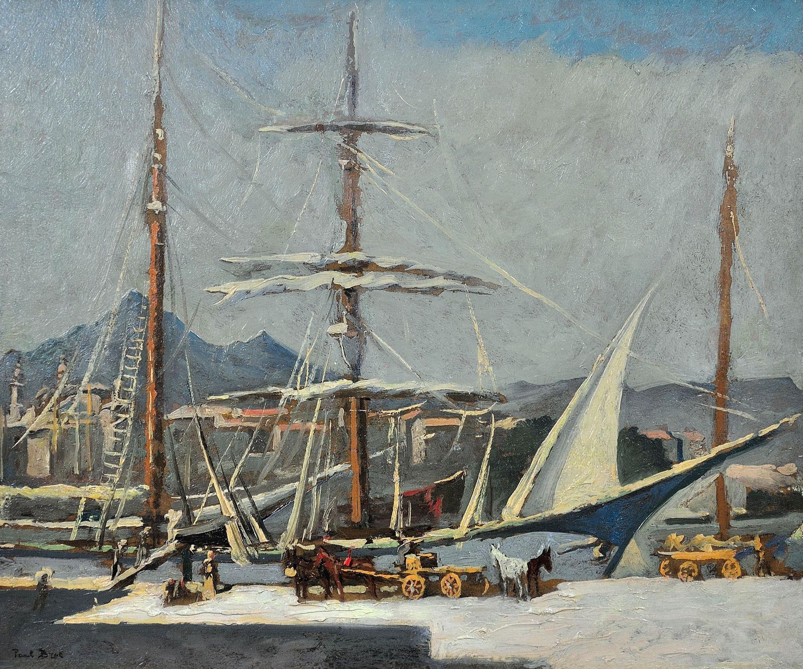 Paul Bret 1902 To 1956. Unloading & Loading Ships, Palermo Harbour, Sicily, Italy. Framed 1930s Oil Painting. photo furniture