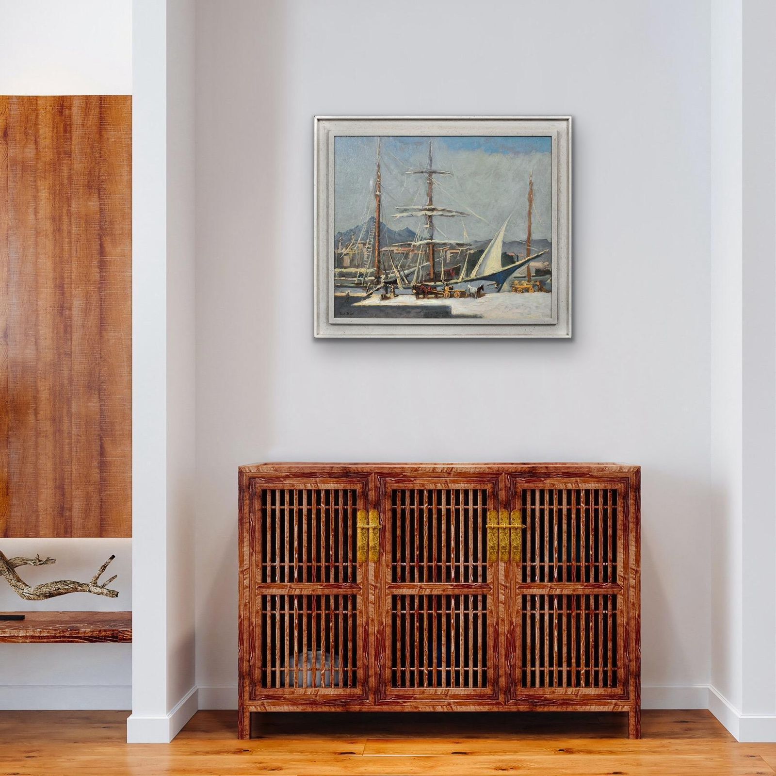 Art Paul Bret, 1902-1956. Déchargement et chargement de navires, port de Palerme, Sicile, Italie. Huile sur toile encadrée, années 1930. photo