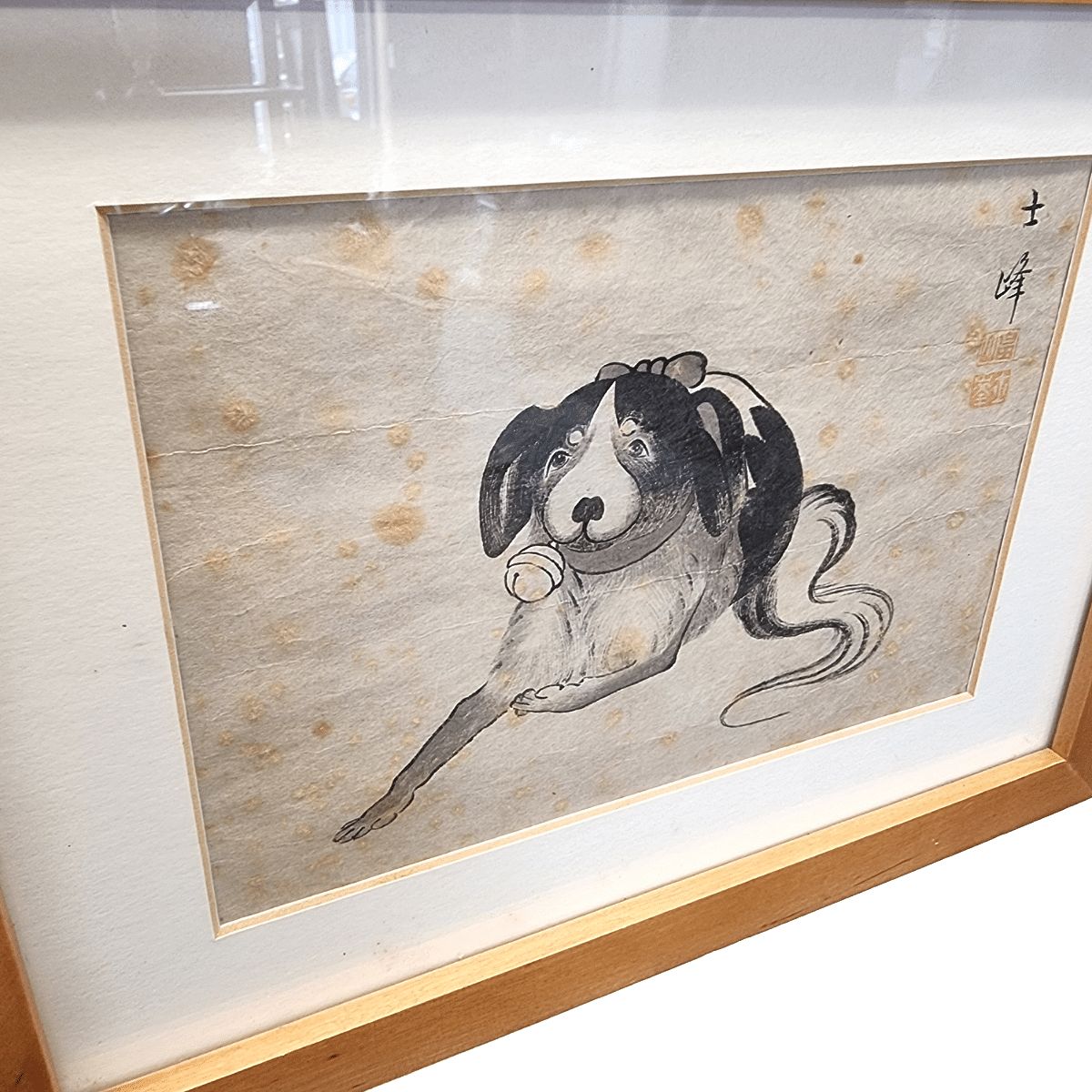 Antique Sumi E Painting: Sitting Dog With Bell, Late 1800s photo furniture