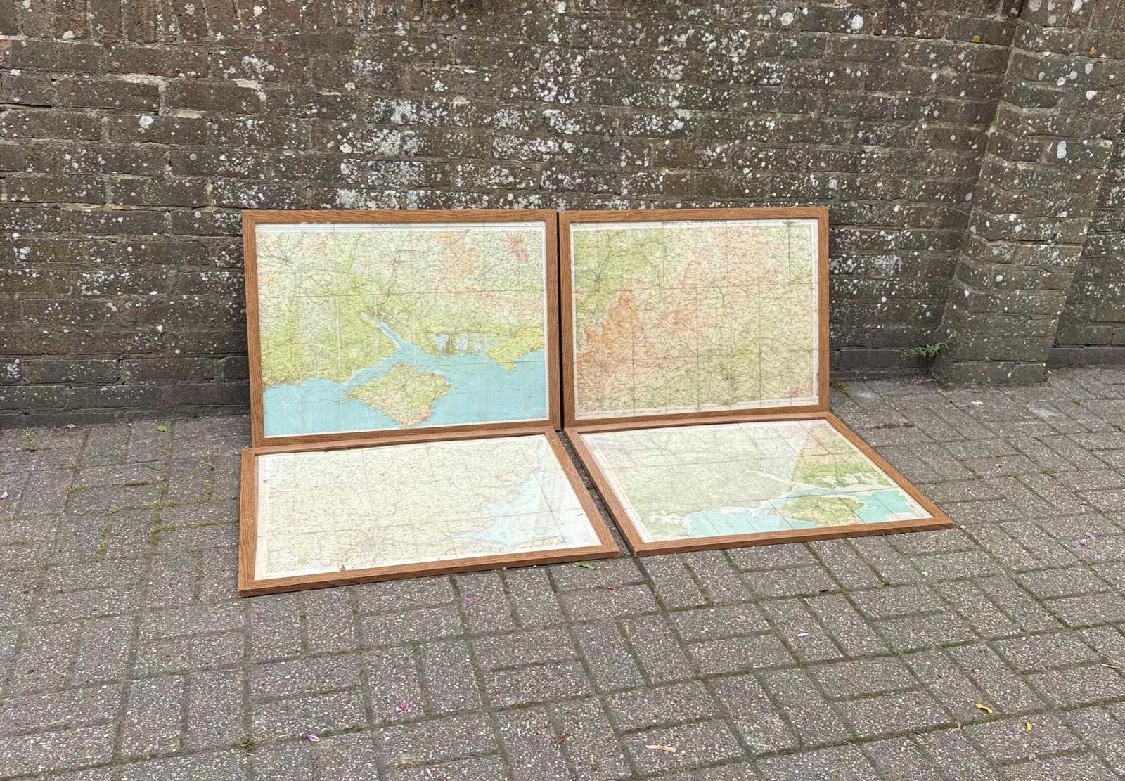 Set Of Four Large Vintage Framed Ordnance Survey Maps Southern England