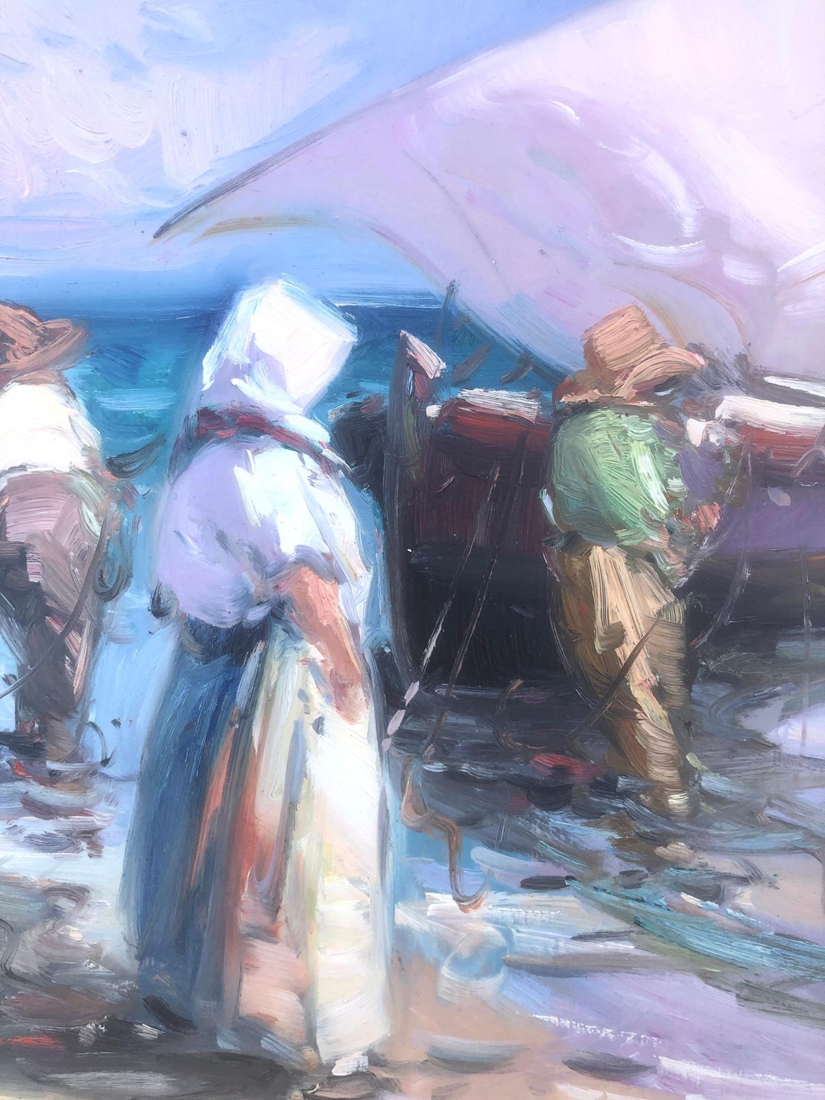 Gabriel Casarrubios Mediterrane vissers die terugkeren naar de kust – Spaans impressionistisch schilderij in olieverf, ca. 2000 photo 400.0