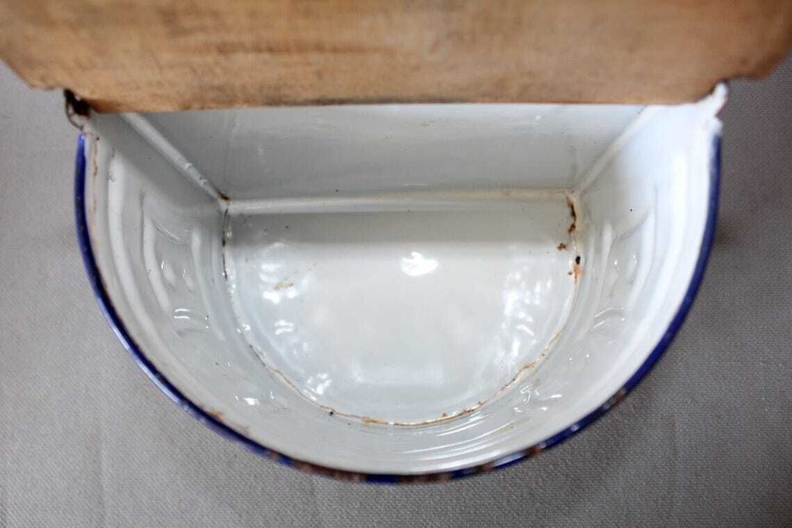 photo furniture Large Antique French Enamelware Salt Box, Salt Cellar Enamel Container Wood Lid Wall Mount And Table Top French Country Kitchen