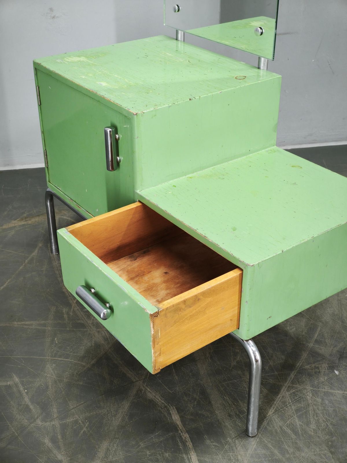 Bauhaus Czech Green Vanity Table With Mirror And Chrome Frame, 1930 photo vintage