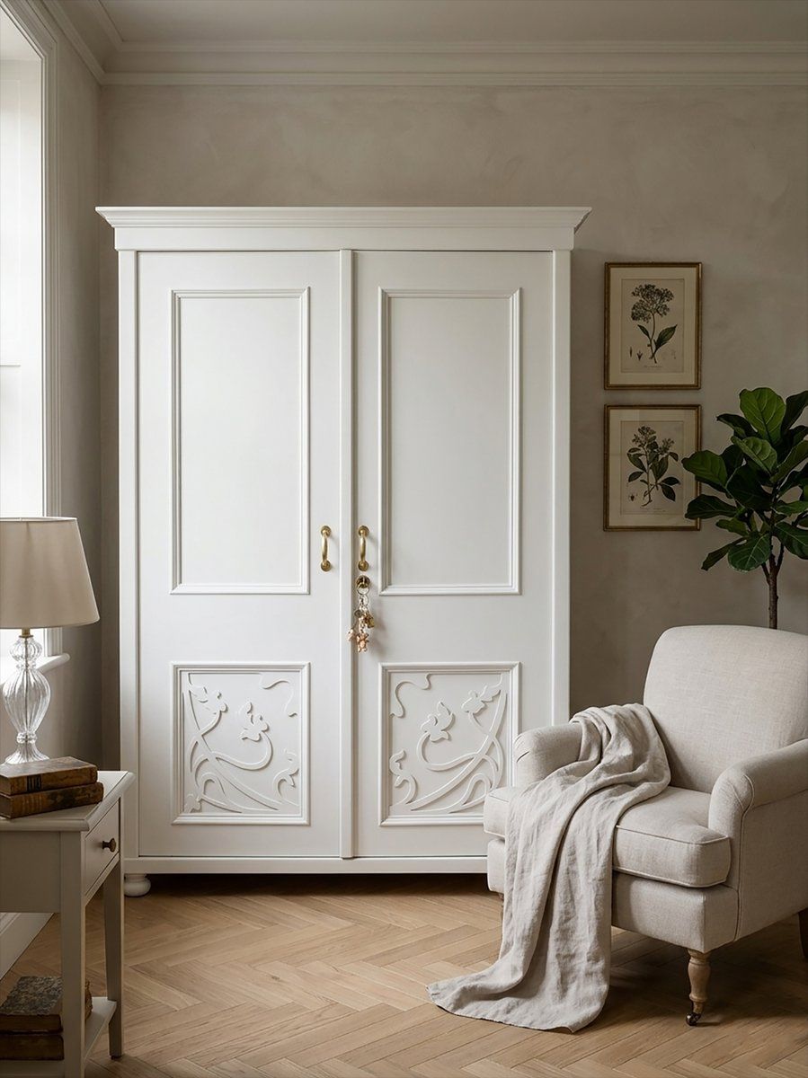 Tweedeurs kledingkast met gesneden bloemdetails photo furniture