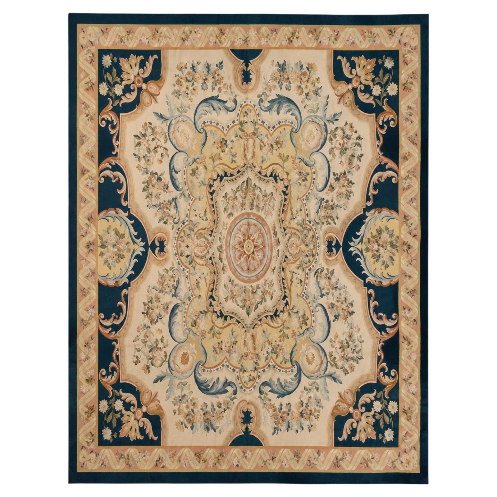 Tapis en point de croix de style Aubusson, grand format, fait main, tapis floral français vintage