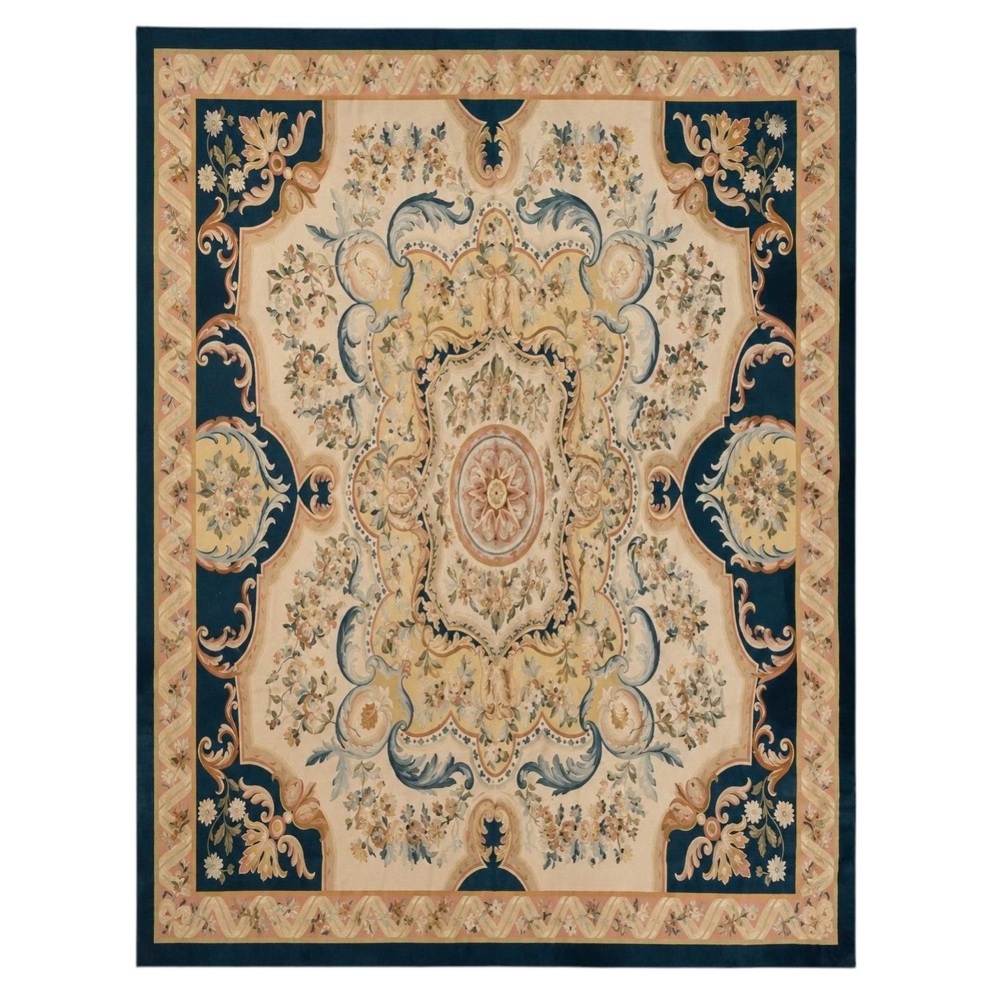 Oversized Handmade Aubusson Style Needlepoint Carpet, French Floral Rug Vintage photo furniture
