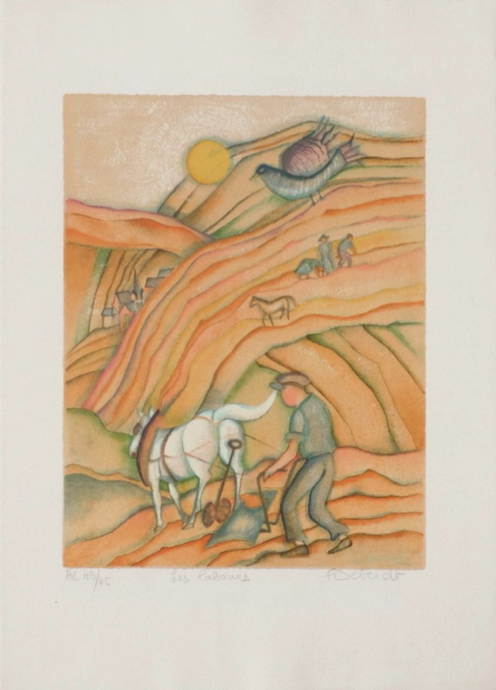 Françoise Deberdt Signed Lithograph Aux Champs   Le Labour 1985