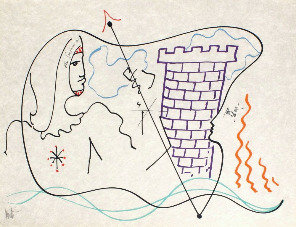 Jean Cocteau Gesigneerde Lithografie L'âge Du Verseau : La Tour 1973
