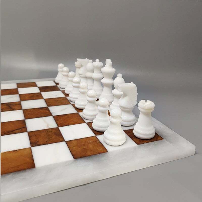 Jeu d'échecs en albâtre de Volterra brun et blanc, fait main, Italie, années 1970 photo 781.0