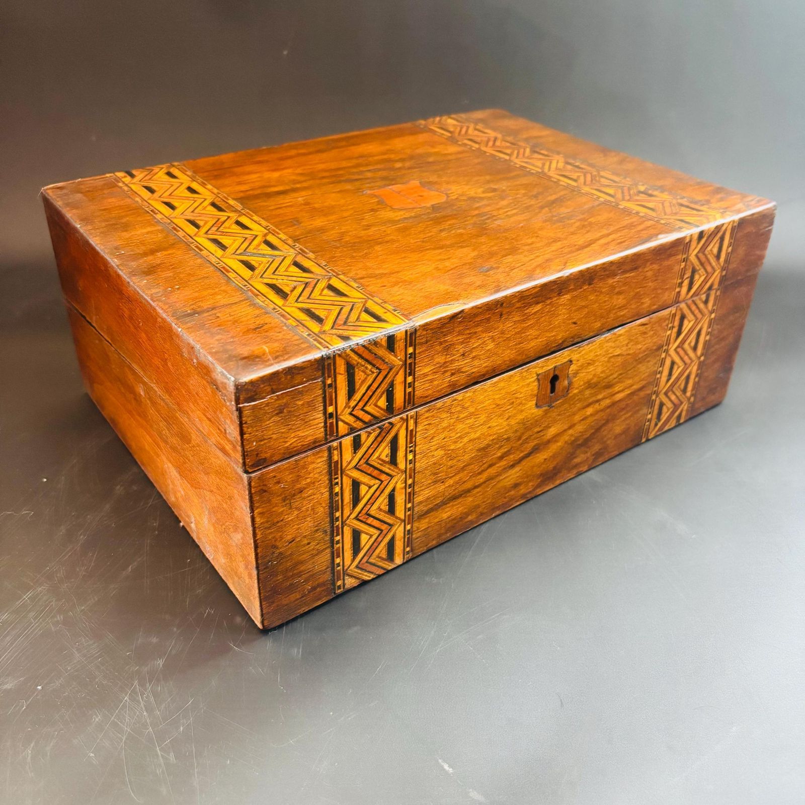 Antique Victorian Walnut Keepsake Box, Tunbridge Ware Inlaid Wooden Memory Chest, 19th Century Storage Box, Unique Upcycled Gift.
